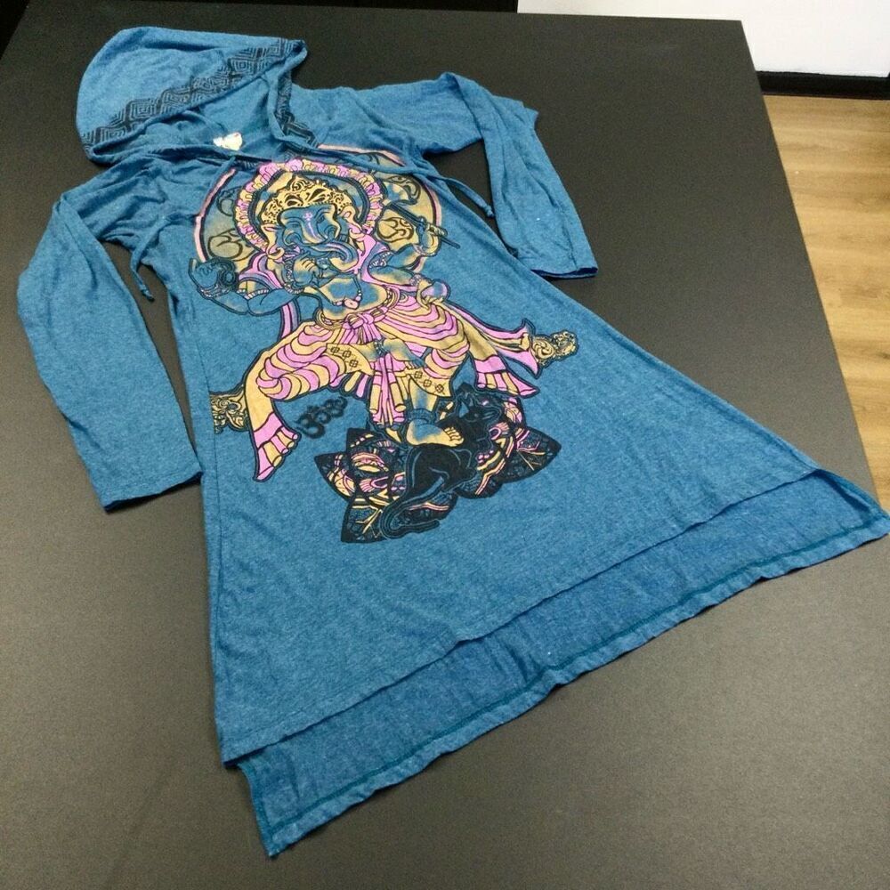 Vintage Gypsy Rose Womens Teal Blue‎ Ganesh Print Long Sleeve Hoodie Dress Small